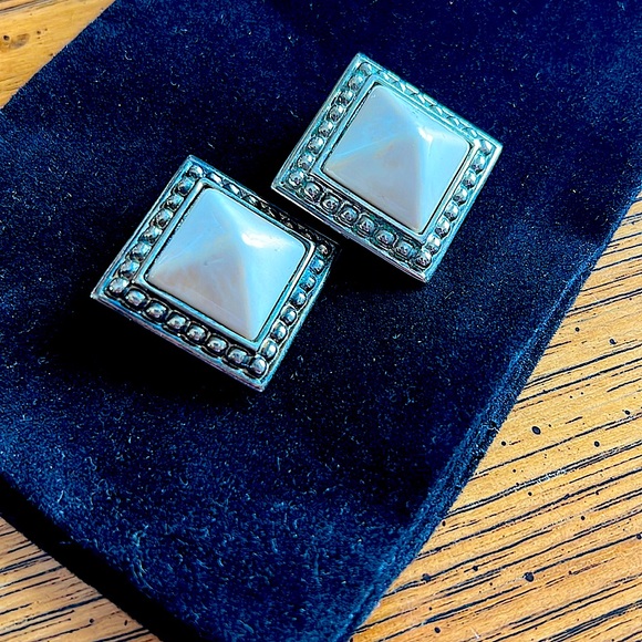 Authentic& Rare Givenchy clip Earrings.White Enamel& silvertone.Givenchy on clip - Picture 2 of 6